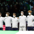 I giocatori azzurri in piedi durante l'Inno