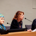Un momento della conferenza stampa di Amichemai con Maurizio Nichetti, Angela Finocchiaro e Serra Ylmaz