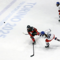 Un momento della finale di hockey femminile Repubblica Ceca - Canada