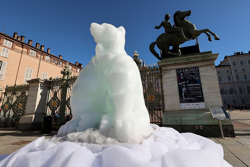 Un orso di ghiaccio in piazza Castello - Simbolo della giornata della terra di Torino 2024